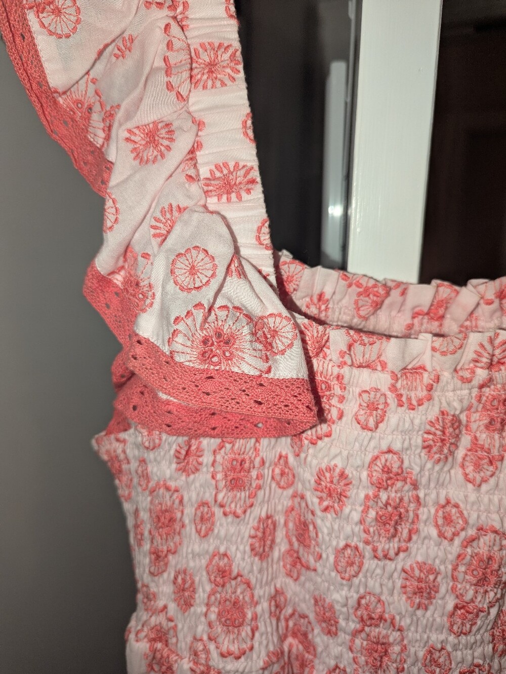 Sail To Sable - Blush & Coral Eyelet Flutter Sleeve Smocked Midi Dress - L, EUC - Picture 3 of 7